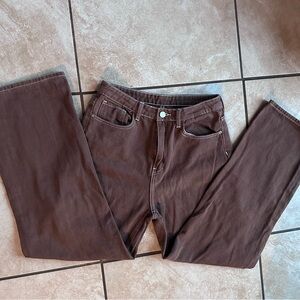 Brown High Rise Straight-Leg Jeans white stitching